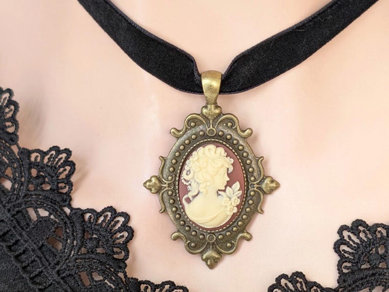 Gothic Cameo Choker Necklace, Vintage Setting on Black Velvet Ribbon