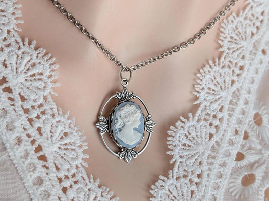 Victorian Cameo Necklace - Antiqued Silver Leaf Pendant - Vintage Style