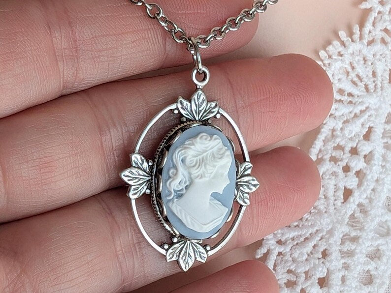Victorian Cameo Necklace: Antiqued Silver Leaf Pendant, Vintage Style
