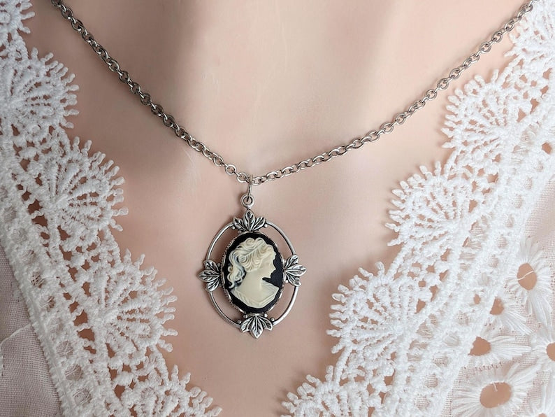 Victorian Cameo Necklace: Antiqued Silver Leaf Pendant, Vintage Style