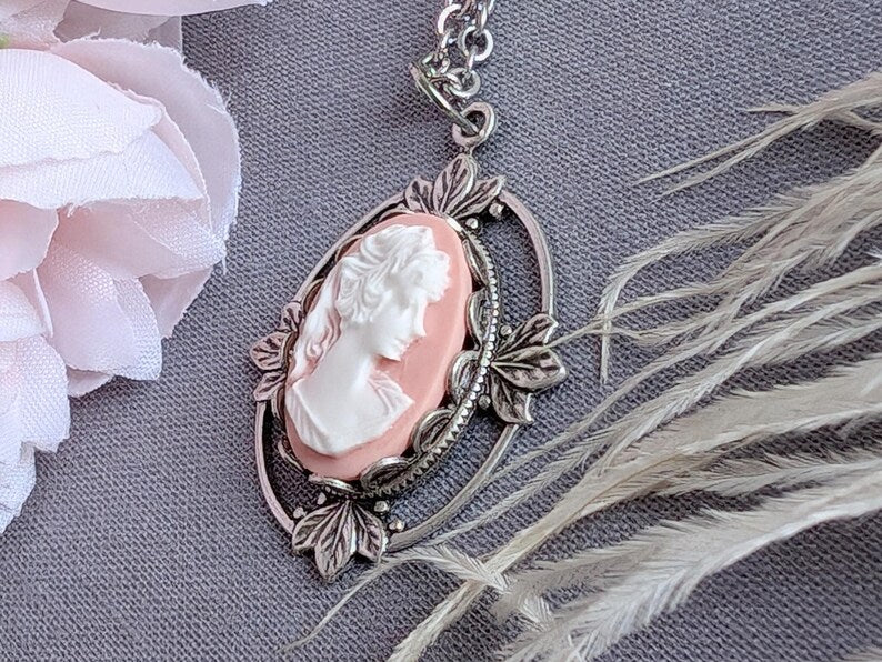 Victorian Cameo Necklace: Antiqued Silver Leaf Pendant, Vintage Style