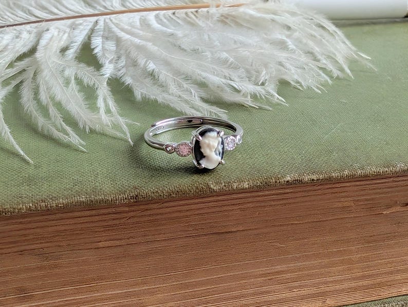 Cameo Ring with Cubic Zirconia, Sterling Silver Jewelry, Adjustable Size