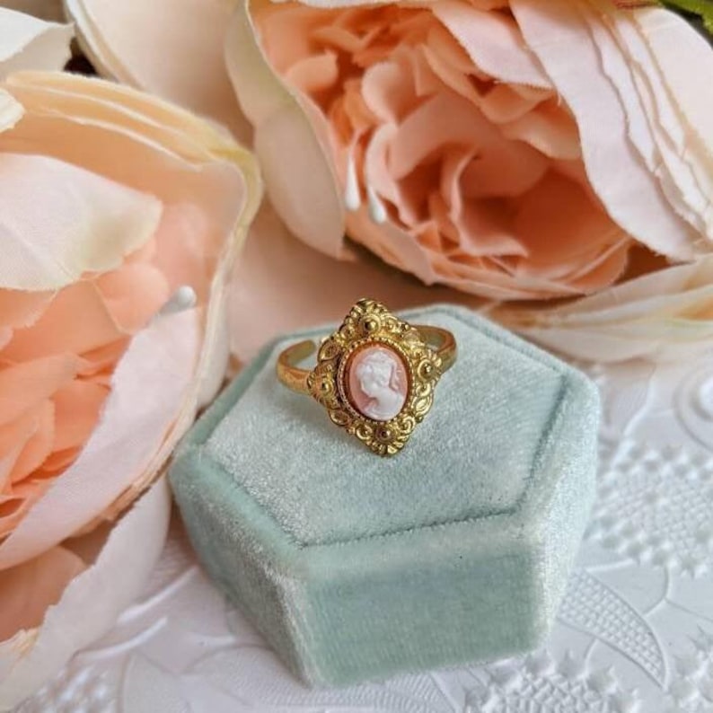 Cameo Ring Carnelian Lady in Golden Brass, Victorian Jewelry, Adjustable