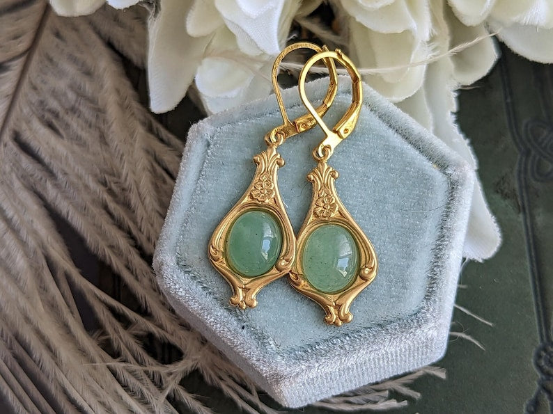 Handmade Green Aventurine Earrings, Golden Brass Settings, Art Nouveau Vintage Jewelry