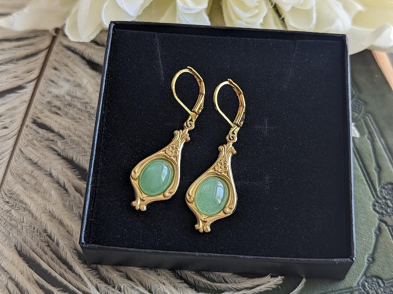 Handmade Green Aventurine Earrings, Golden Brass Settings, Art Nouveau Vintage Jewelry