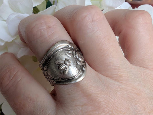 Silver Spoon Bee Ring, Adjustable Boho Cottagecore Jewelry