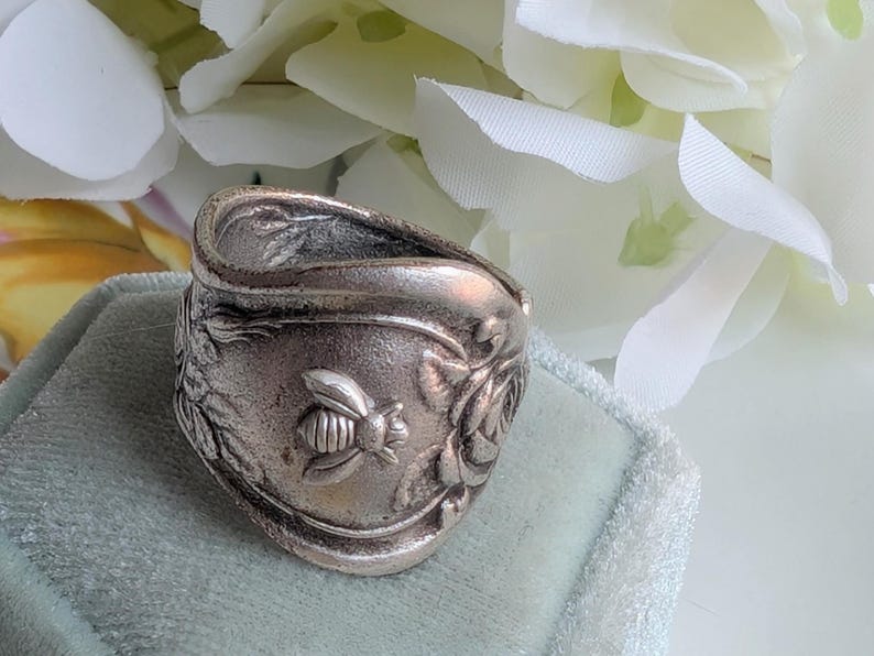Silver Spoon Bee Ring, Adjustable Boho Cottagecore Jewelry