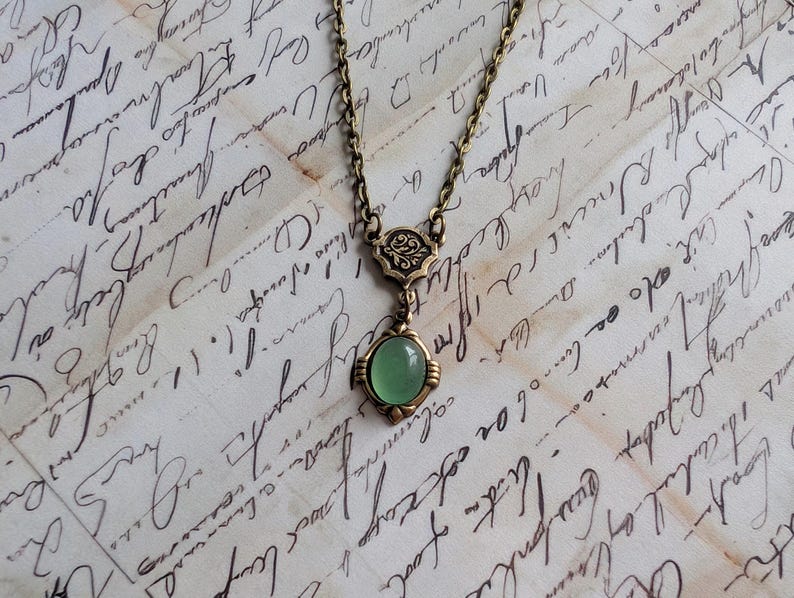 Aventurine Necklace | Vintage Brass Pendant, Historical Costume Jewelry