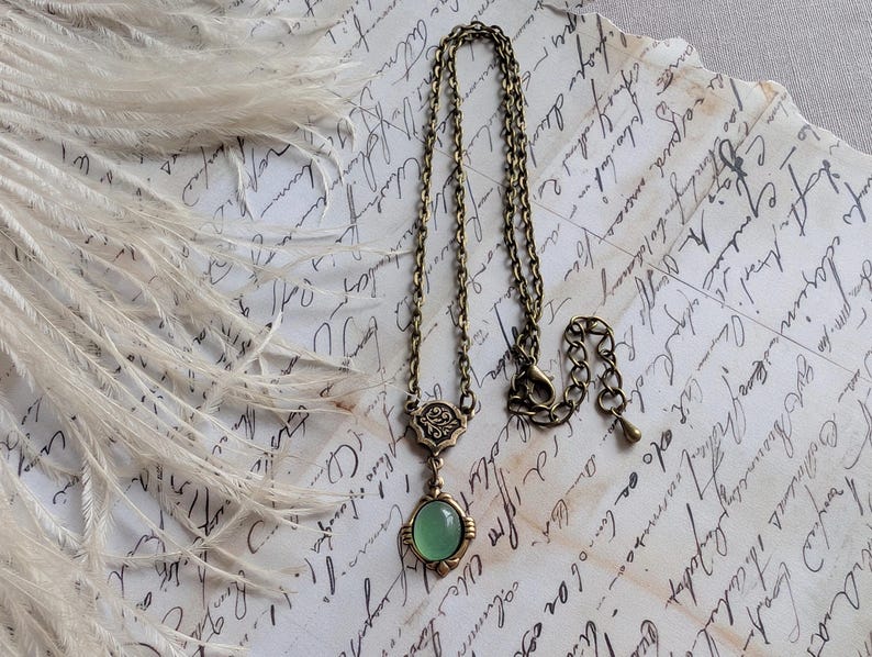 Aventurine Necklace | Vintage Brass Pendant, Historical Costume Jewelry