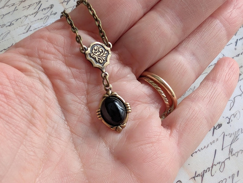 Onyx Necklace | Antiqued Brass Pendant, Vintage Gothic Jewelry