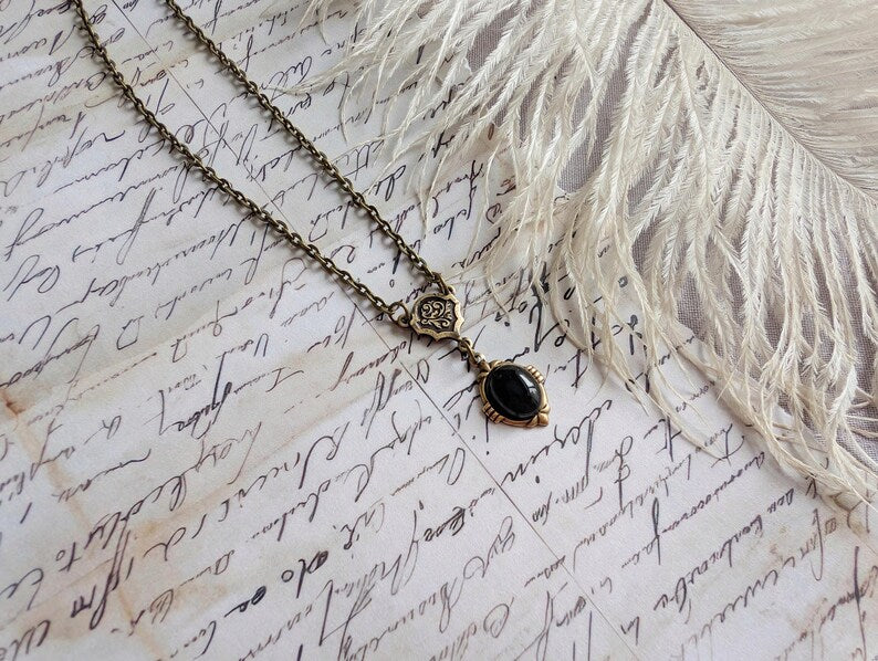 Art Deco Onyx Necklace | Vintage Gothic Black Stone Pendant, Handmade
