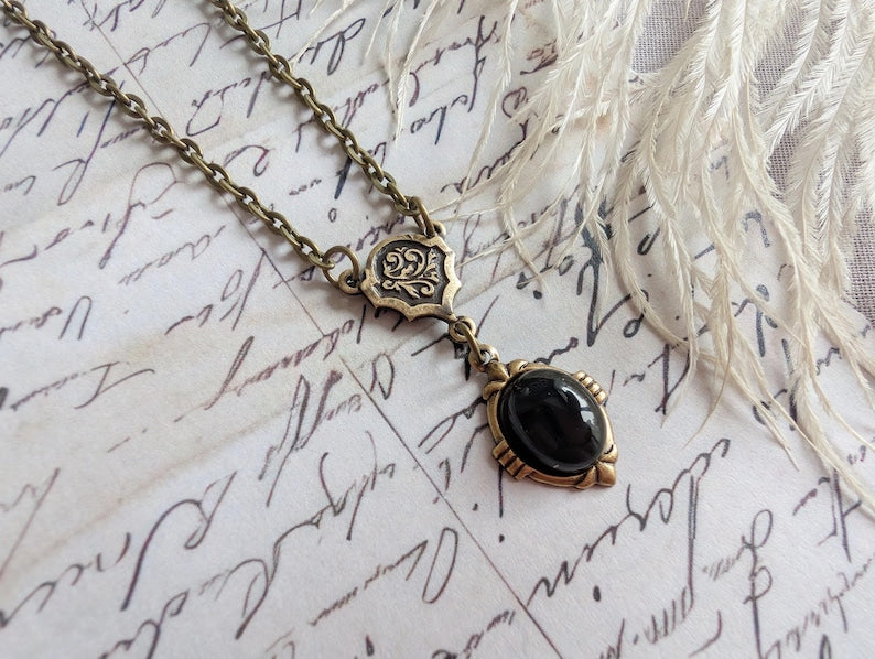 Art Deco Onyx Necklace | Vintage Gothic Black Stone Pendant, Handmade