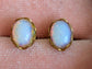 Vintage Opal Glass Earrings, Pale Harlequin Studs in Golden Brass