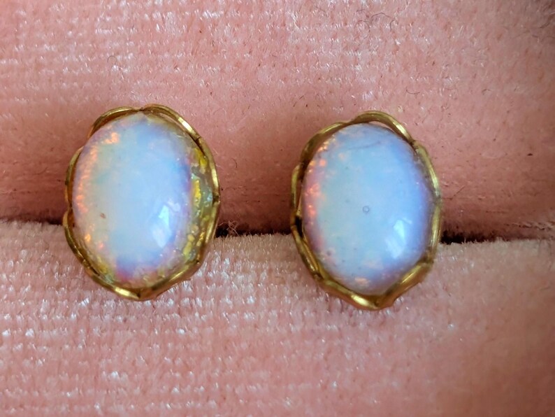 Vintage Opal Glass Earrings, Pale Harlequin Studs in Golden Brass