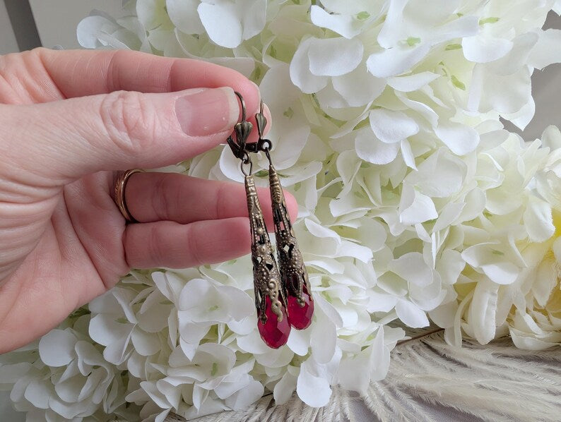 Filigree Teardrop Earrings | Red Glass Victorian Style Dangle Jewelry