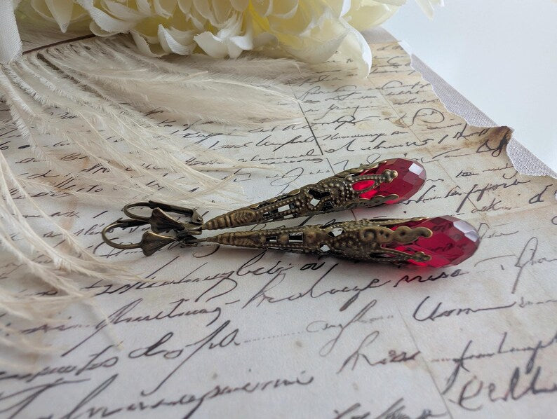 Filigree Teardrop Earrings | Red Glass Victorian Style Dangle Jewelry