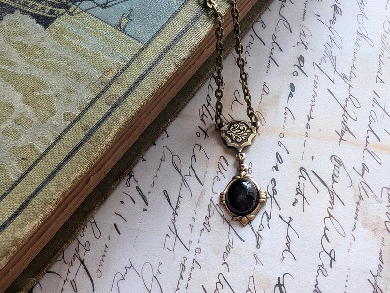 Onyx Necklace | Antiqued Brass Pendant, Vintage Gothic Jewelry