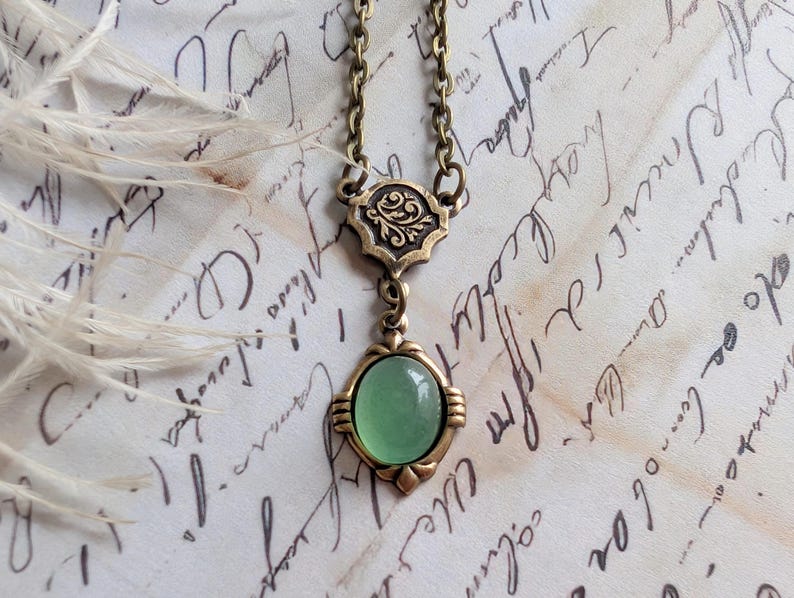 Aventurine Necklace | Vintage Brass Pendant, Historical Costume Jewelry