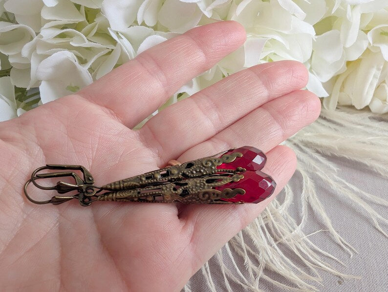 Filigree Teardrop Earrings | Red Glass Victorian Style Dangle Jewelry
