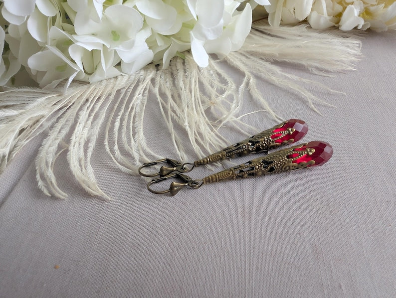 Filigree Teardrop Earrings | Red Glass Victorian Style Dangle Jewelry