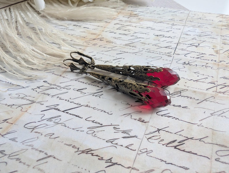 Filigree Teardrop Earrings | Red Glass Victorian Style Dangle Jewelry
