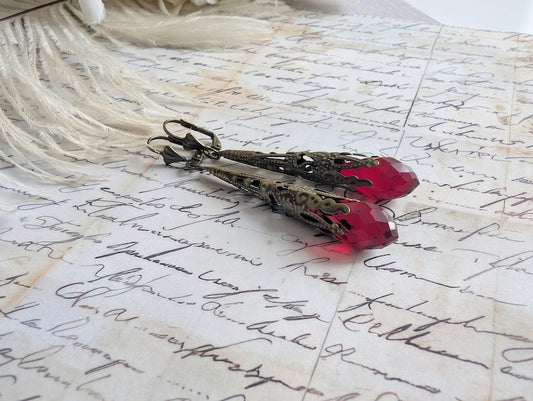 Filigree Teardrop Earrings | Red Glass Victorian Style Dangle Jewelry