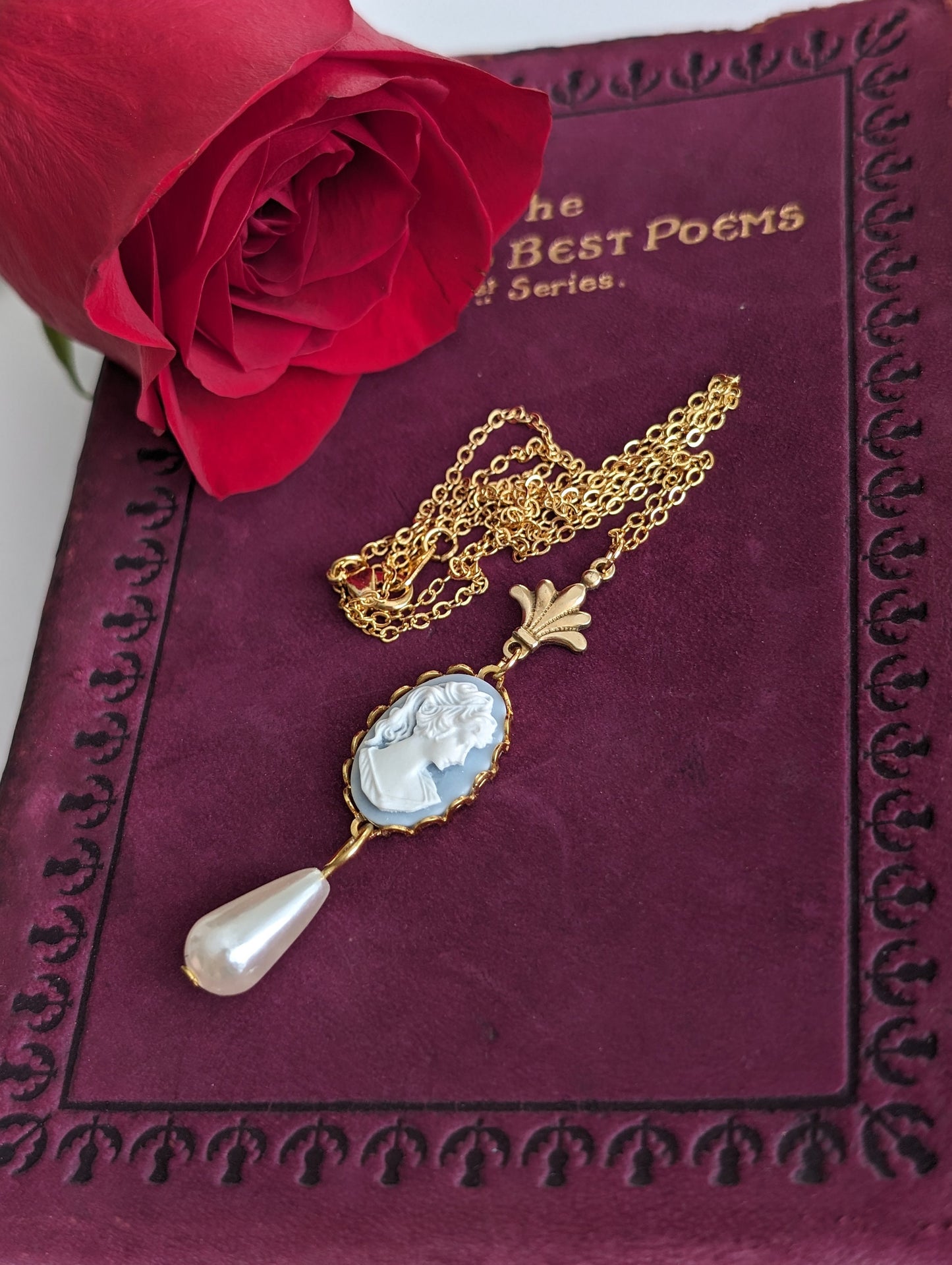 Pearl Cameo Necklace: 14K Gold Plated Vintage Art Deco Pendant