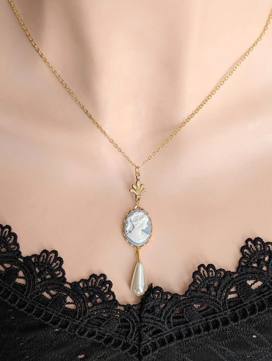 Pearl Cameo Necklace: 14K Gold Plated Vintage Art Deco Pendant