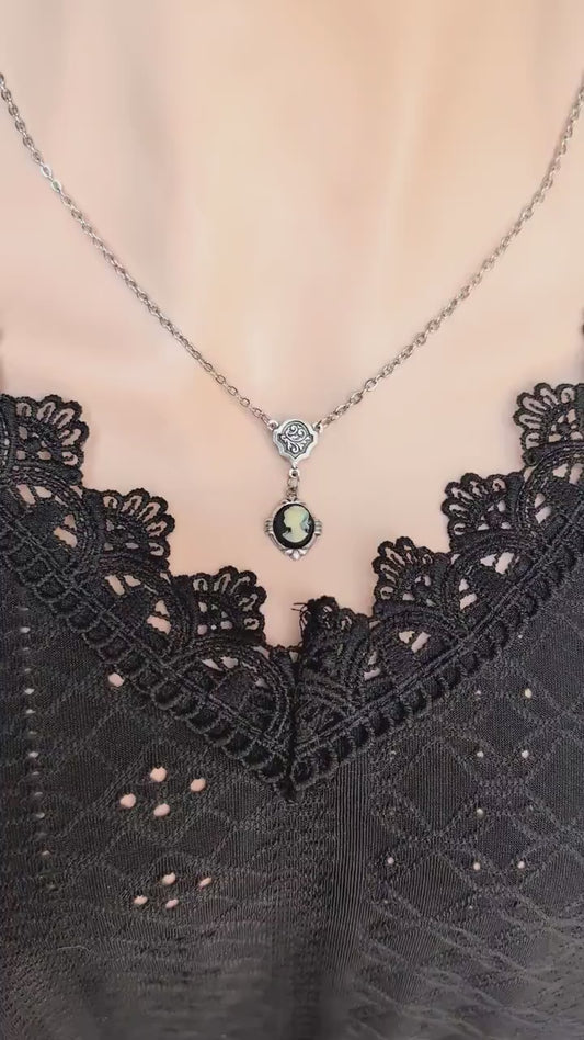 Dainty Cameo Necklace: Art Deco Silver Pendant, Vintage Style Gothic Jewelry