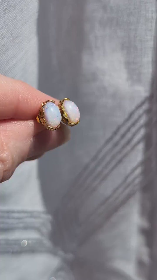 Vintage Opal Glass Earrings, Pale Harlequin Studs in Golden Brass