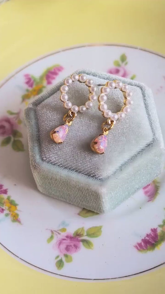 Pearl Halo Earrings with Pink Fire Opal Teardrop – Vintage Style Jewelry