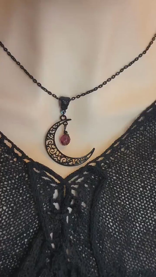 Black Crescent Moon Necklace: Filigree Celestial Jewelry, Amethyst Bead