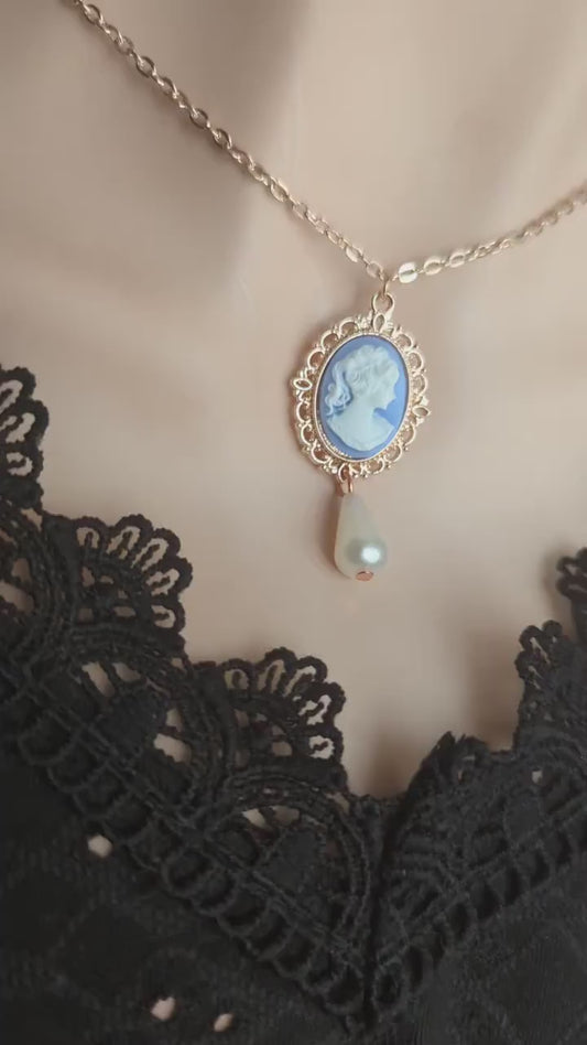 Pearl Cameo Necklace: 14K Rose Gold Plated Victorian Pendant