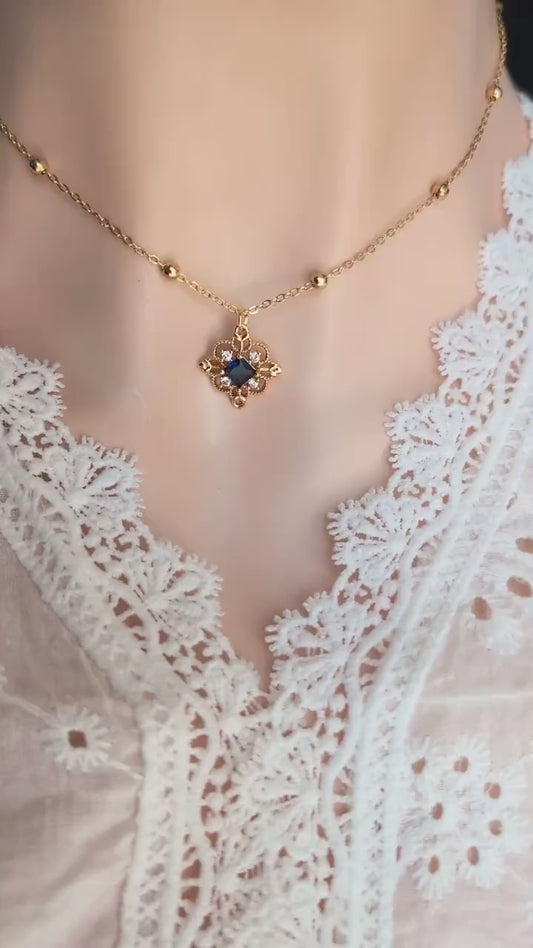 Gold Plated Filigree Necklace, Vintage Style Cubic Zirconia Pendant