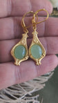 Handmade Green Aventurine Earrings, Golden Brass Settings, Art Nouveau Vintage Jewelry