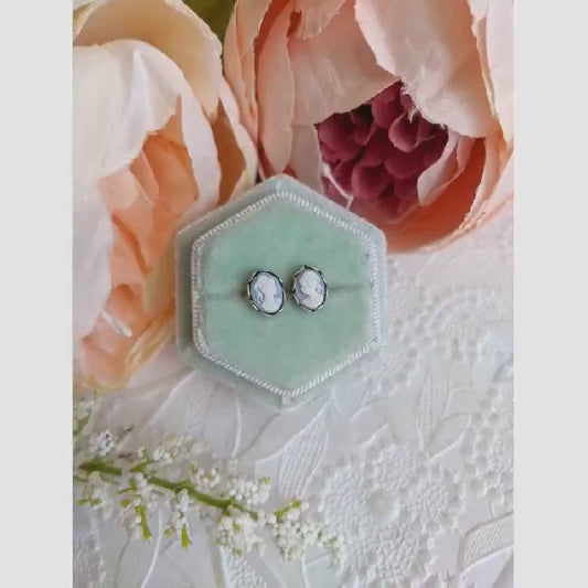 Blue Cameo Stud Earrings, Sterling Silver-Plated, Surgical Steel Posts