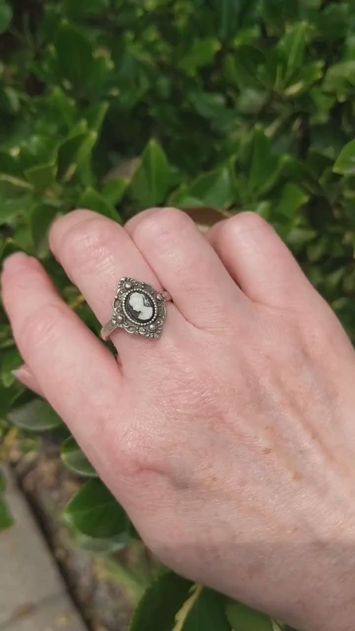 Greek Goddess Shield Cameo Ring - Antiqued Silver Brass Signet with ivory on black cameo