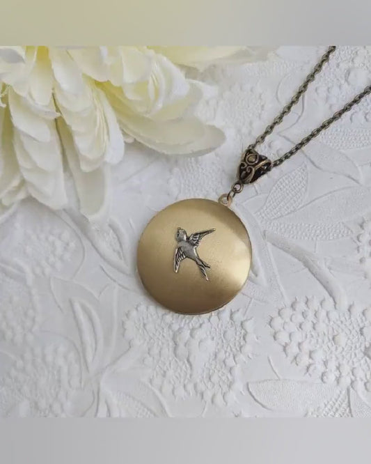 Bird Locket Necklace, Round Locket Pendant, Keepsake Jewelry, Mom gift