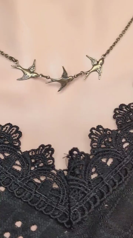 Bronze Swallow Necklace | Three Bird Pendant, Nature-Inspired Jewelry