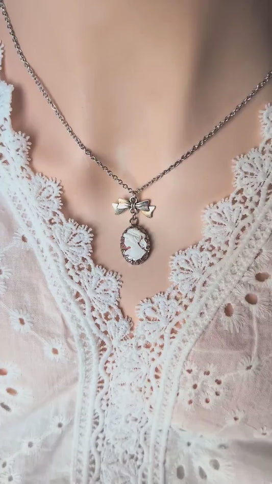 Pink Cameo Pendant Necklace with Bow Connector, Vintage Style Jewelry