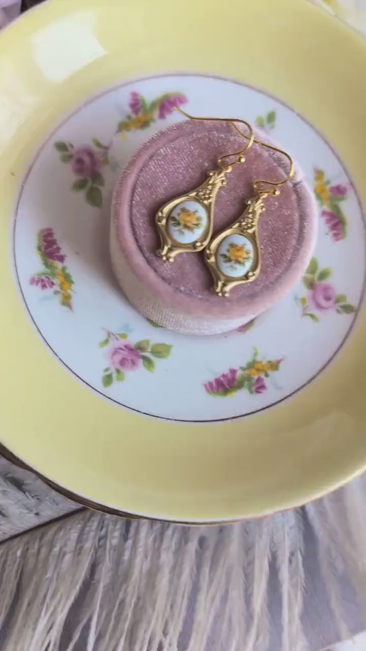 Yellow Rose Limoges Earrings – Vintage Floral Art Nouveau Jewelry