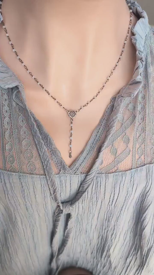 Rainbow Moonstone Y Necklace: Gothic Rosary Bead Choker