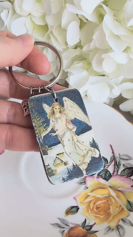 Guardian Angel Keychain | Vintage Decoupage Wood | Personalized Gift