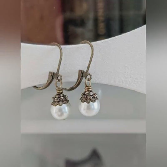 Ivory Pearl Drop Earrings: Vintage Bronze Lever-Back Bridal Jewelry