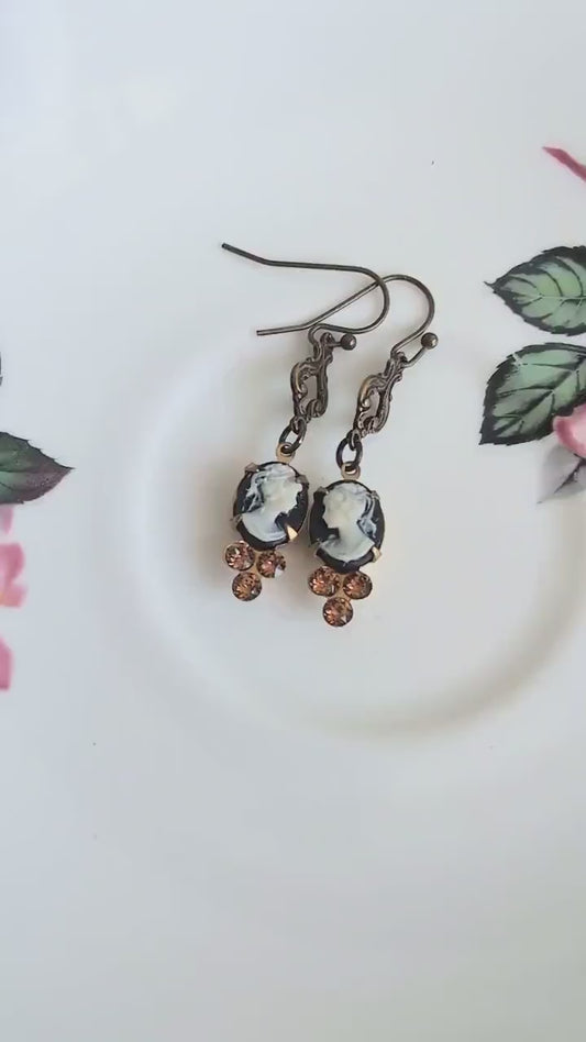 Handmade Black Cameo Earrings | Victorian Brass & Crystal Jewelry