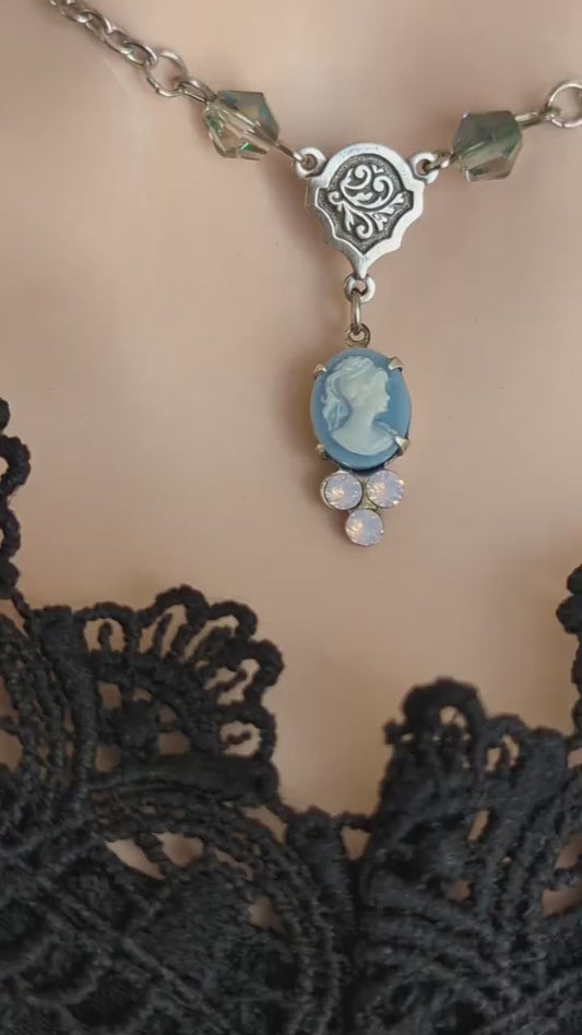 Blue Cameo Pendant Necklace with Rosewater Opals, Victorian Jewelry