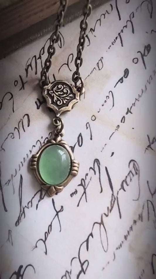 Aventurine Necklace | Vintage Brass Pendant, Historical Costume Jewelry