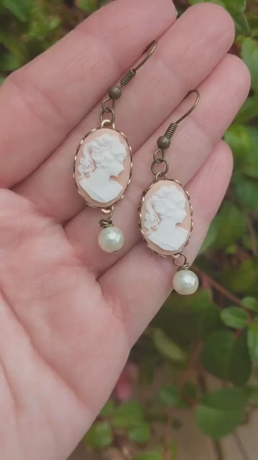 Peach Cameo Pearl Earrings: Victorian Style Brass Dangle Earrings