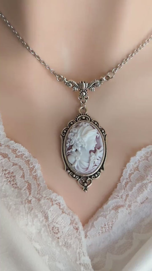 Victorian Goddess Cameo Necklace, Antique Silver Wedding Jewelry
