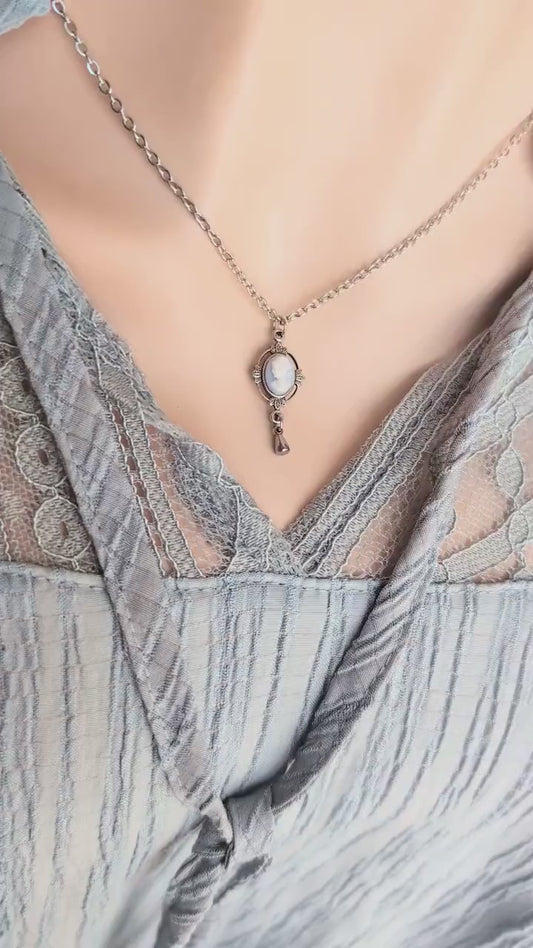 Dainty Blue & White Cameo Necklace, Silver Leaf Victorian Jewelry Gift